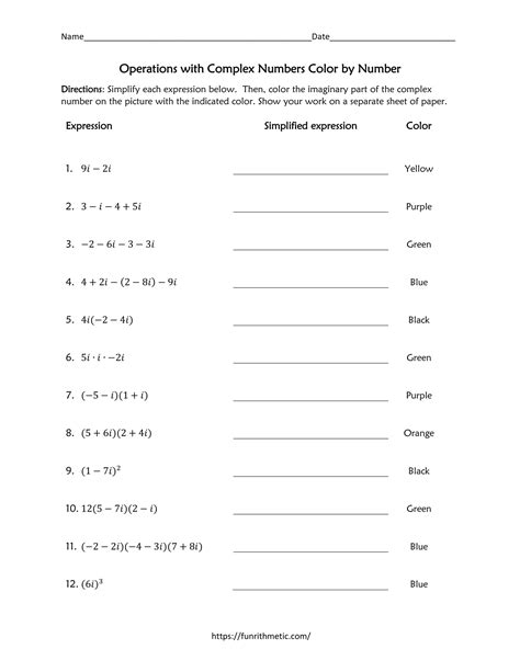 operations with complex numbers worksheet coloring